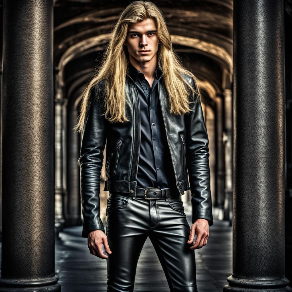 Beautiful Teen Boy with Long Blond Hair in Leather