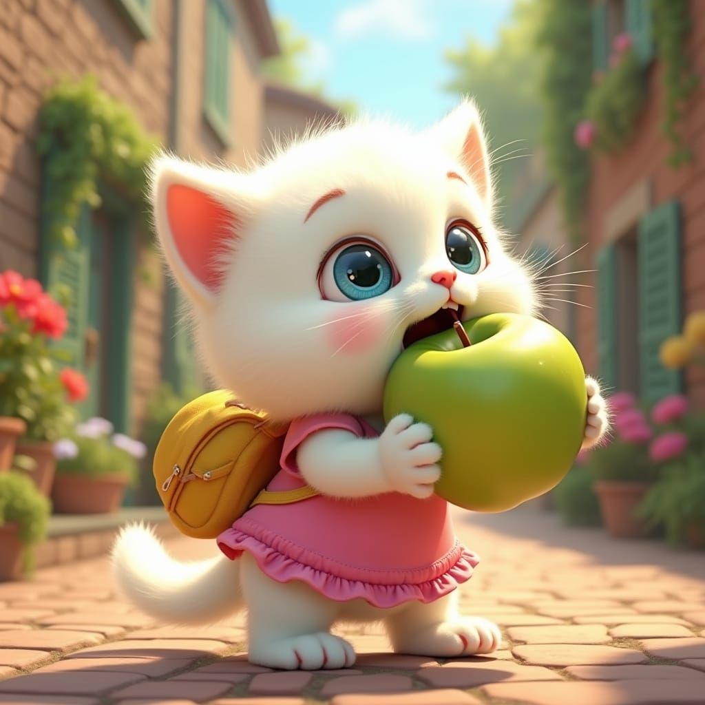 Chubby Kitten Takes Comedic Bite of Apple in Whimsical Stree...