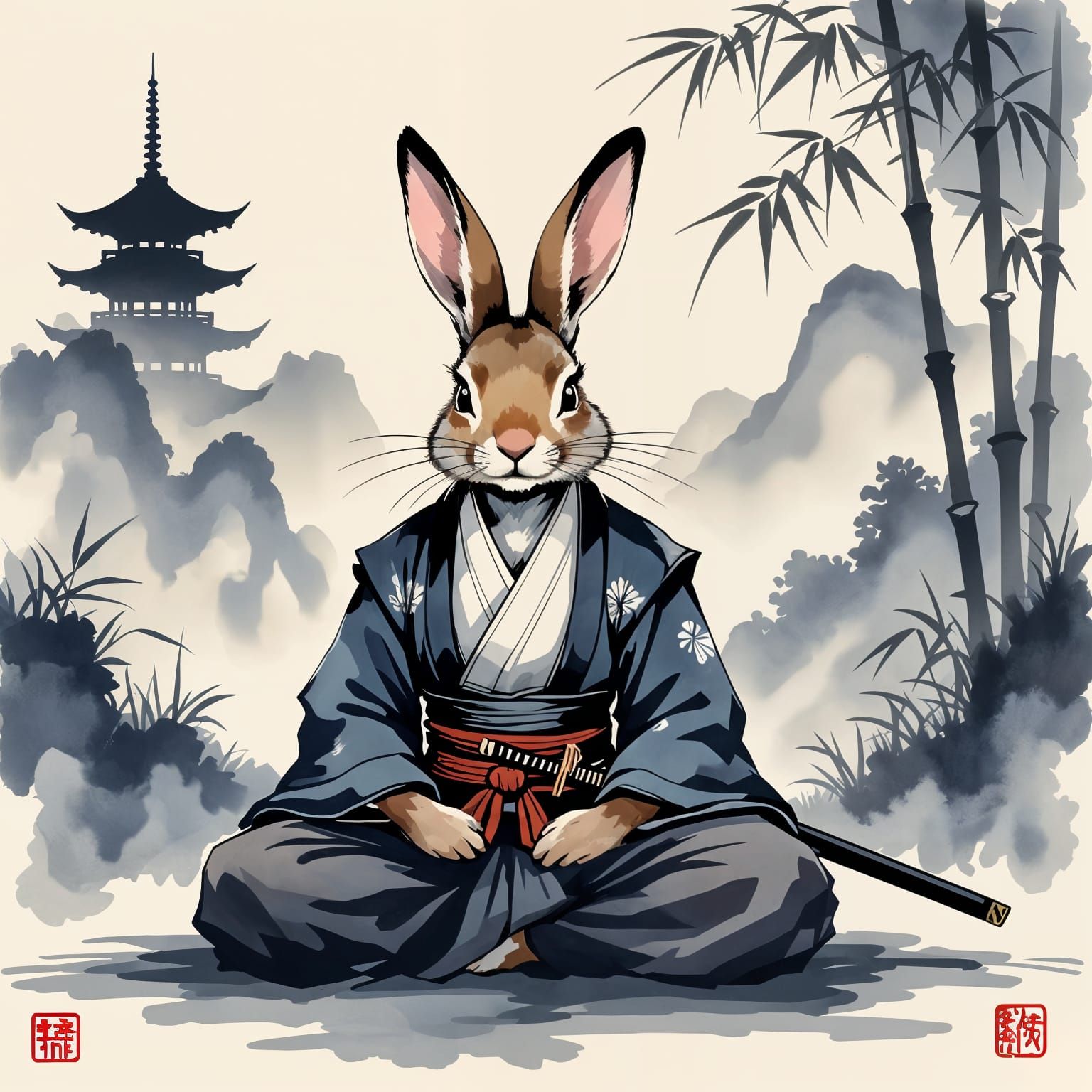 Rabbit Samurai Meditating in Misty Japanese Landscape