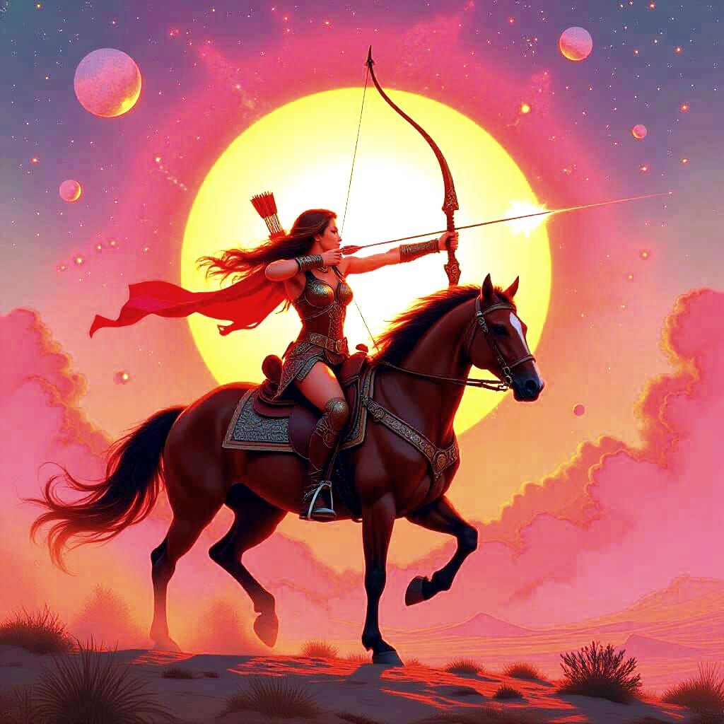 Sagittarius Warrior Woman Shooting Sun in Nebula
