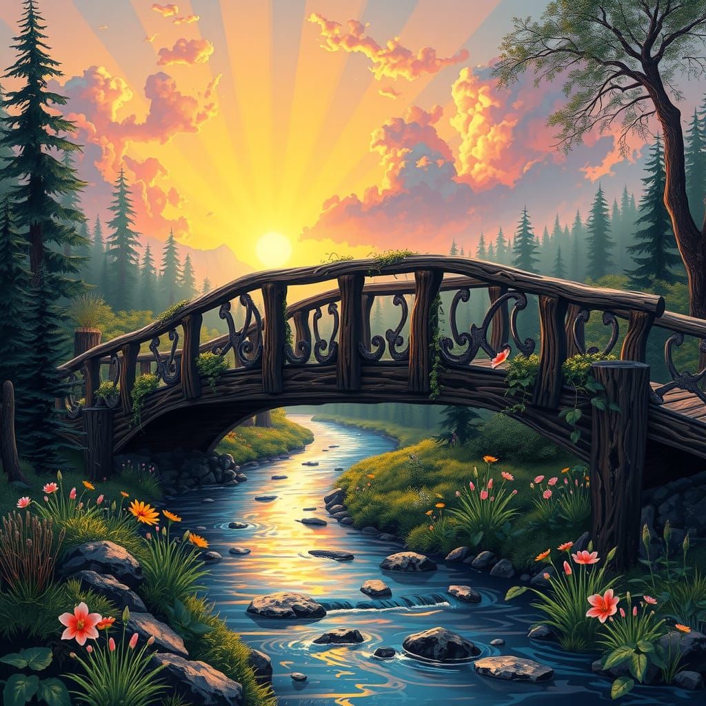 Ethereal Creek Landscape in Abstract Cubism Style