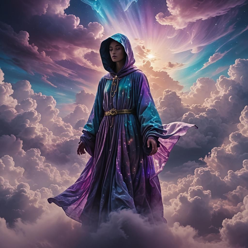 Dreamlike Figure in Celestial Cloudscape, Art Nouveau