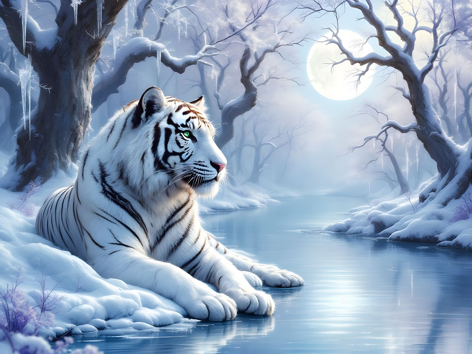 Majestic White Tiger in Enchanted Snowy Forest