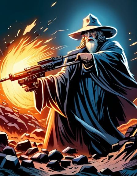 Gandalf with Gatling Gun Comic Book Art