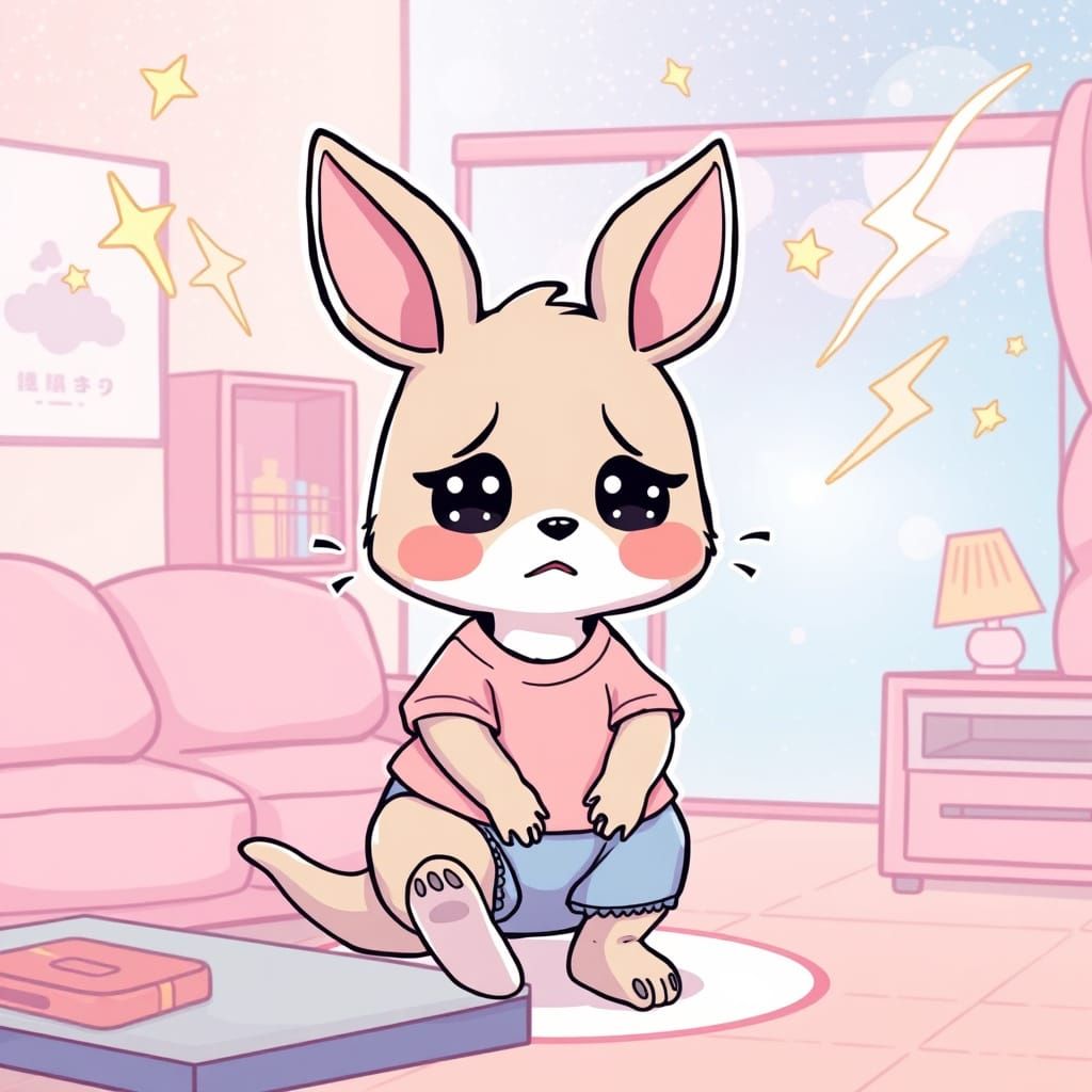 Sad Kawaii Kangaroo Stubs Toe in Galaxy Room