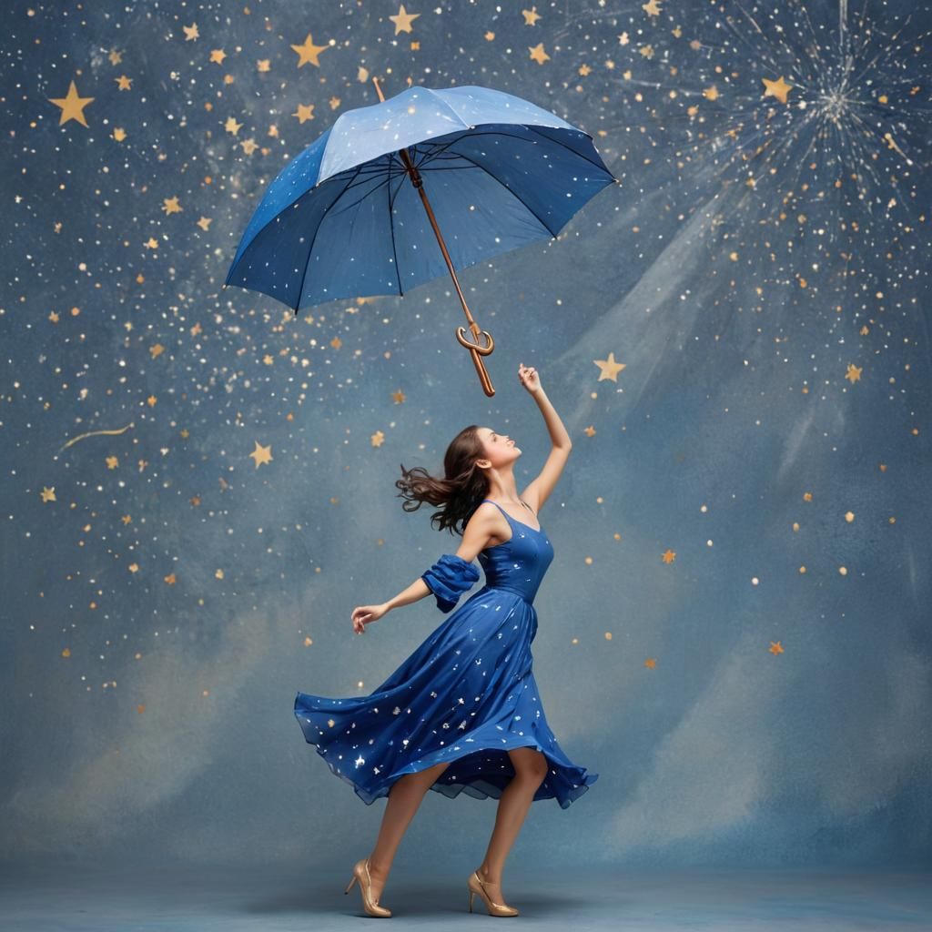 Lady Dancing with Umbrella Under Painted Stars