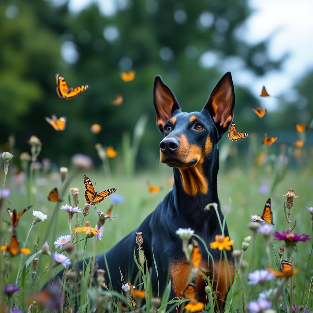 Doberman Surrounded by Delicate Butterflies in a Serene Fiel...