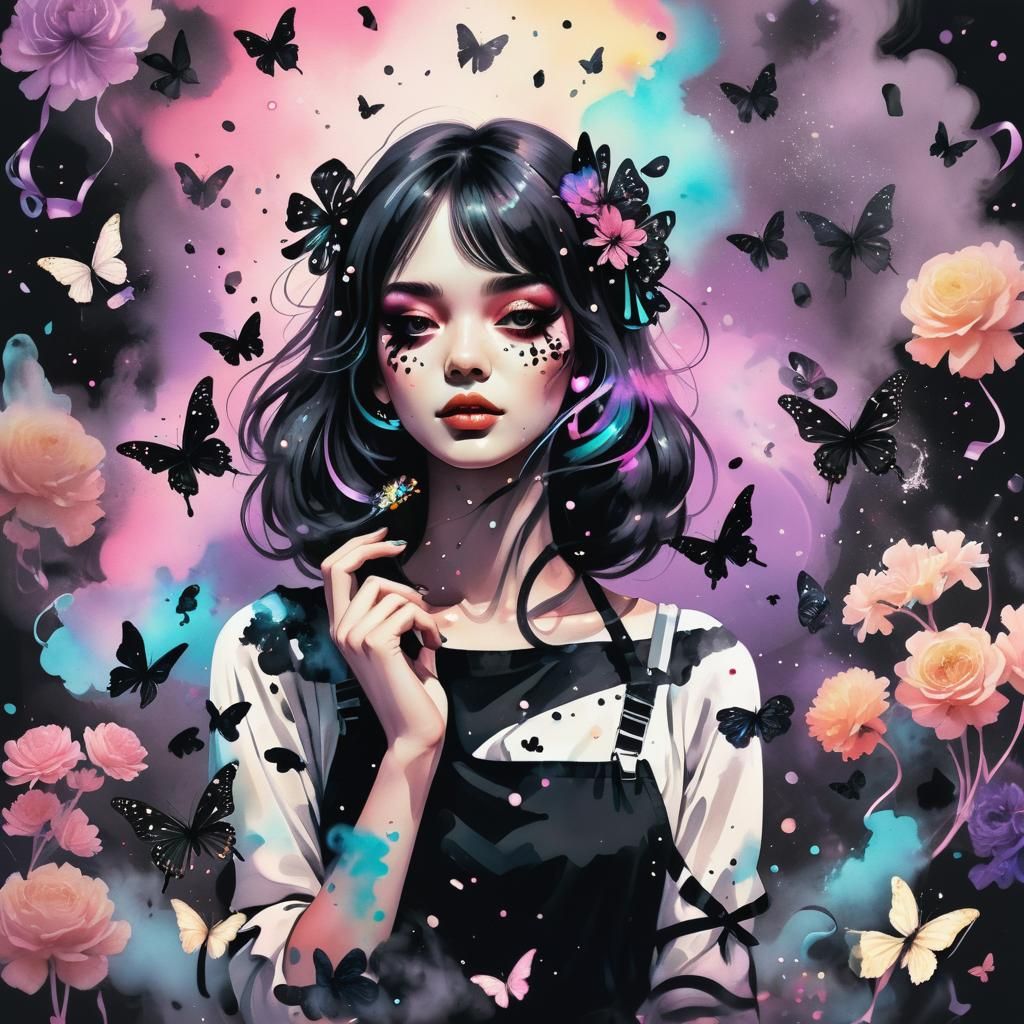 Girl in Black Watercolour with Neon Synthwave