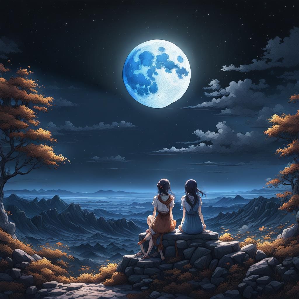 Anime Girls Moon Gazing: Detailed Ink Art
