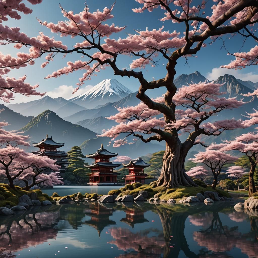Sakura Tree by Lake: Fantasy Concept Art