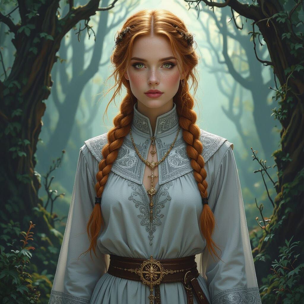 Ethereal Woman in Ancient Forest, Intricately Detailed Style