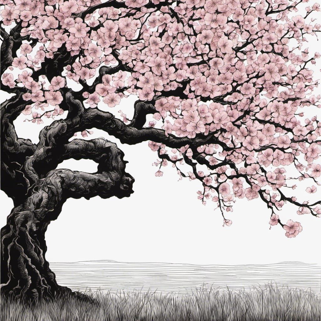 Monochrome Ink Drawing of Cherry Blossom Tree