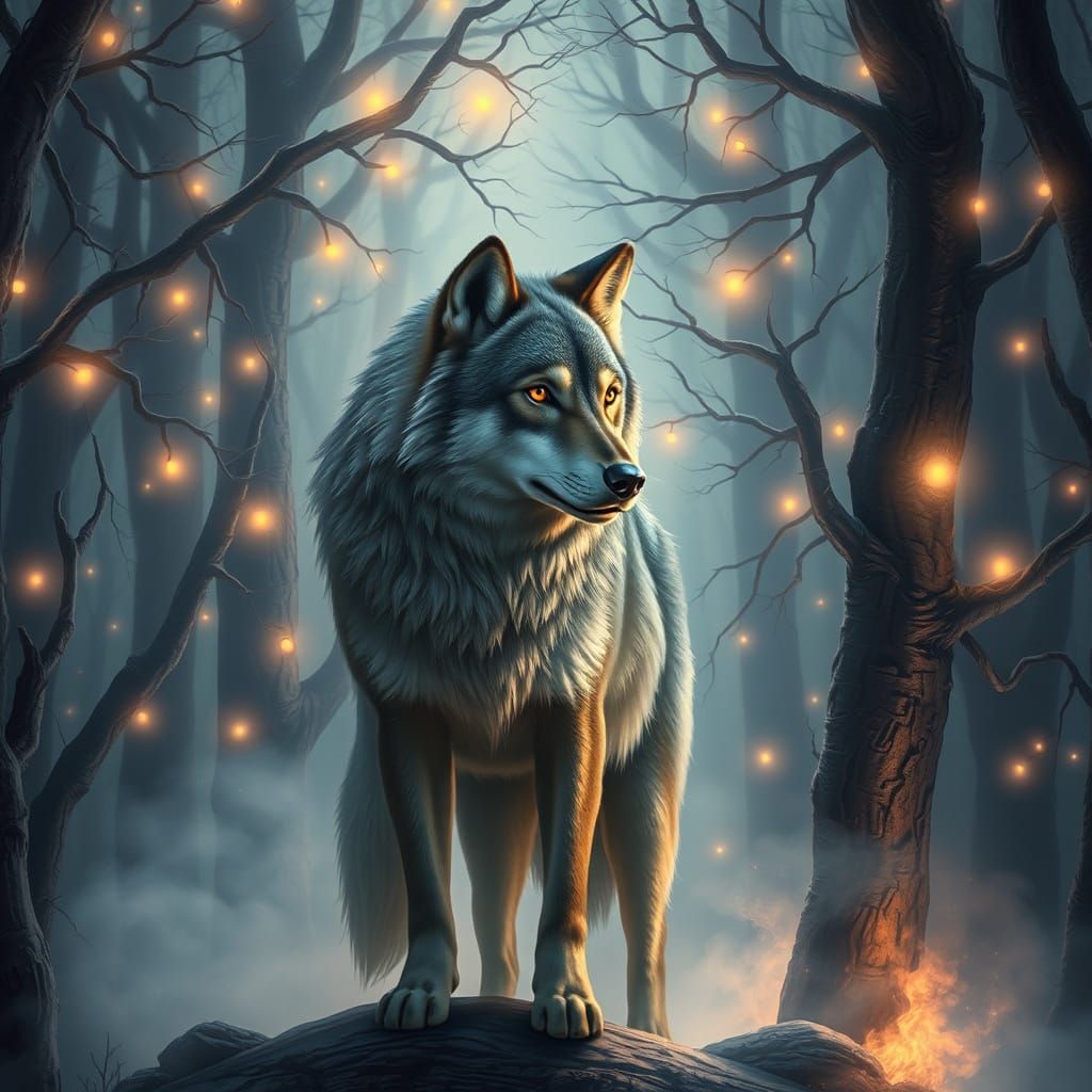 Mystical Wolf in Ethereal Forest Landscape