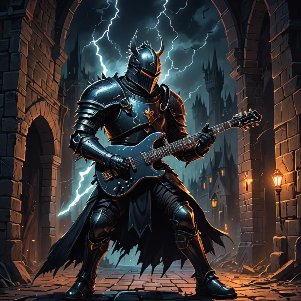 Medieval Knight with Electric Guitar Cartoon Illustration