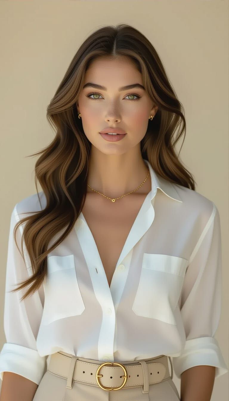 Woman with Wavy Brown Hair in Beige Trousers