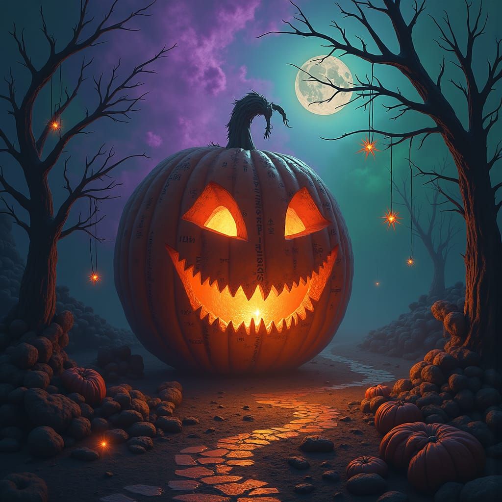 Mystical Halloween Scene with Glowing Pumpkin