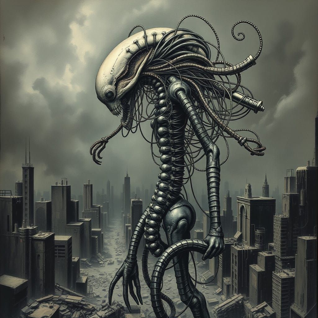 A hyperrealistic Ink and oil picture of
a grotesque amalgamation of biomechanical implants and organic tissue, standing ...