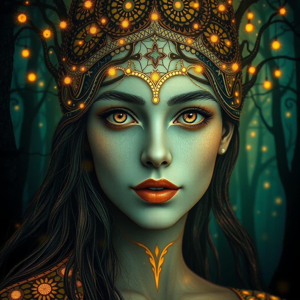 Ethereal Woman in Sacred Forest: Detailed Portrait