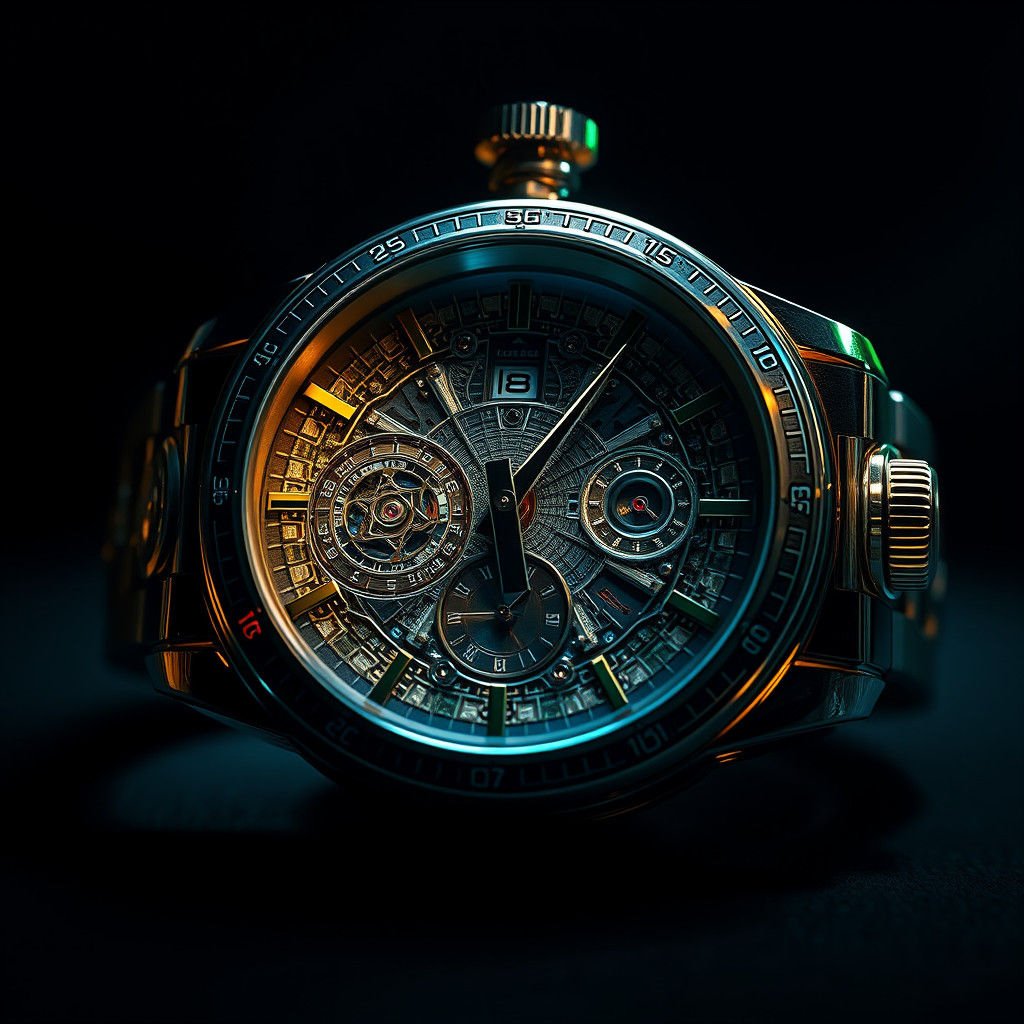 Luxurious Timepiece in High Contrast with Emerald Reflection...