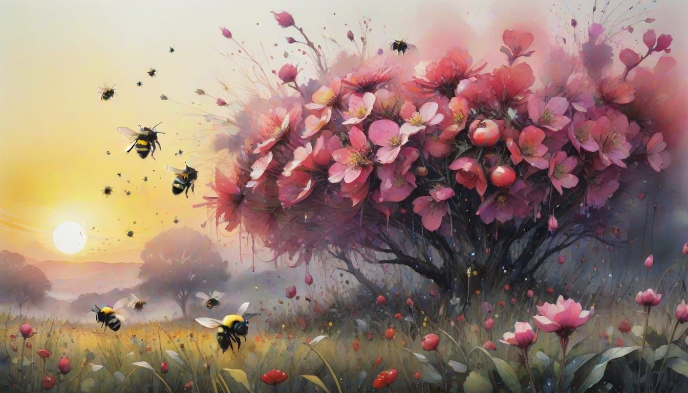 Vibrant Watercolor Bees Amidst Blooming Apple Trees and Flow...
