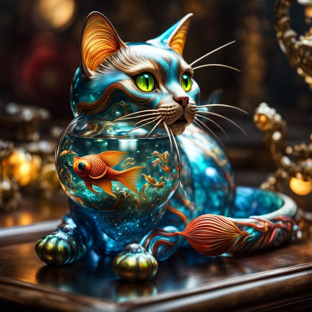 Illuminated Glass Cat Fantasycore Artwork