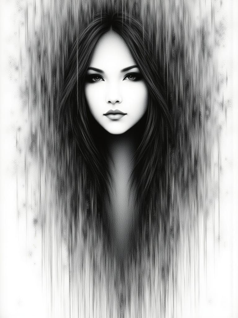 Striking Female Portrait in Fine Black and White Lines