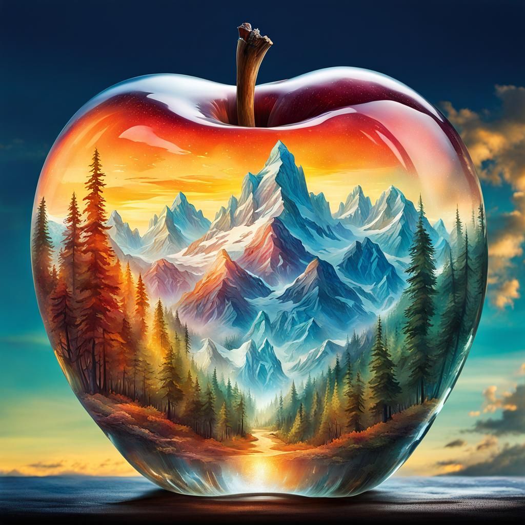 Crystal Apple: Fantasy World in Glass, Hyperrealistic Illust...