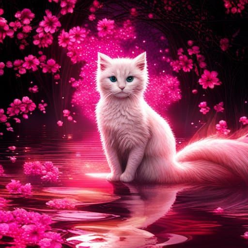 Mermaid Kitten in Sakura Pond: Dark Fantasy Art