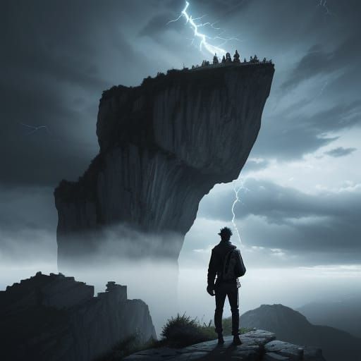 Mysterious Figure Stands at Cliff's Edge in a Turbulent Stor...