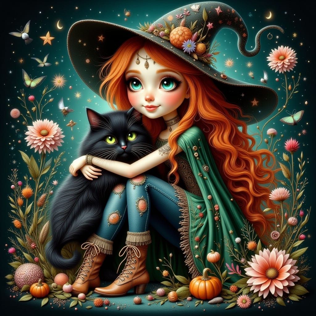 Bohemian Witch Girl With Fiery Hair and Black Cat