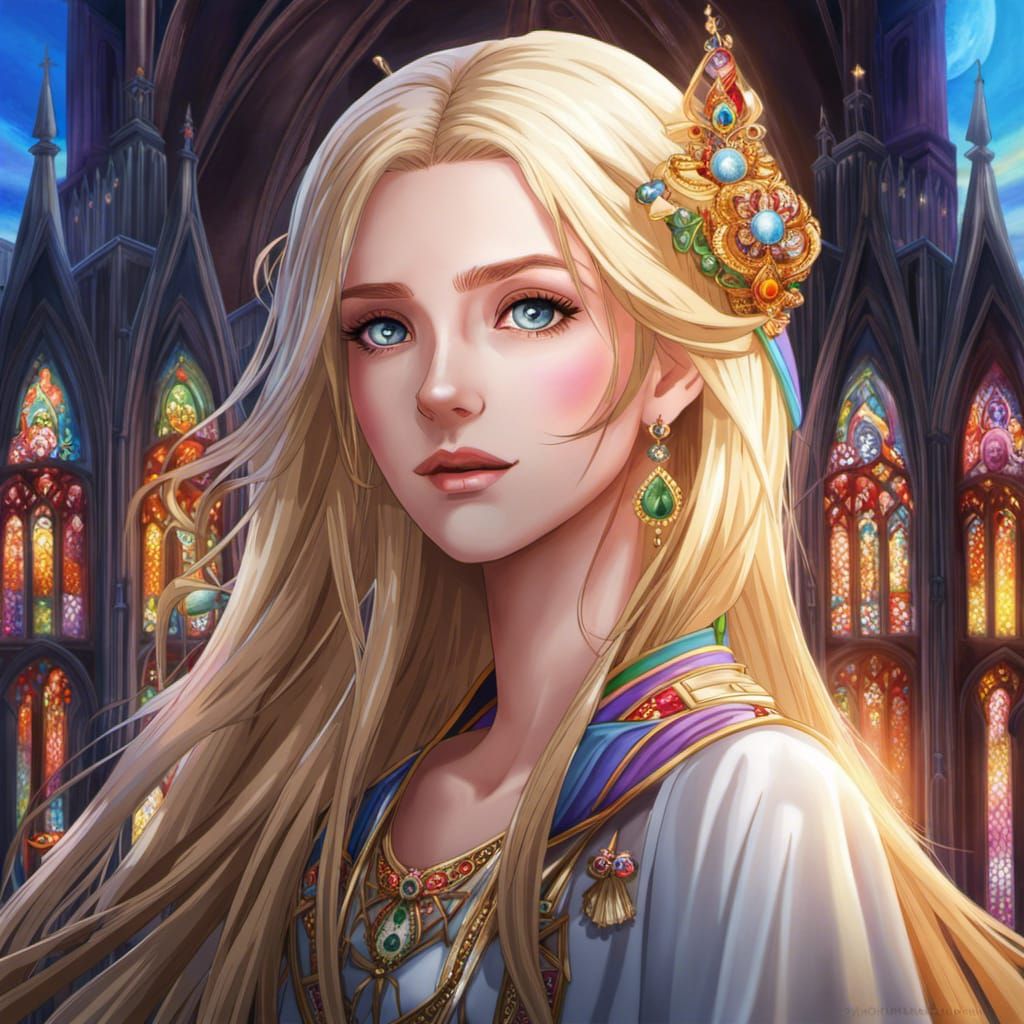 Anime Girl Portrait with Rainbow Eyes and Cathedral