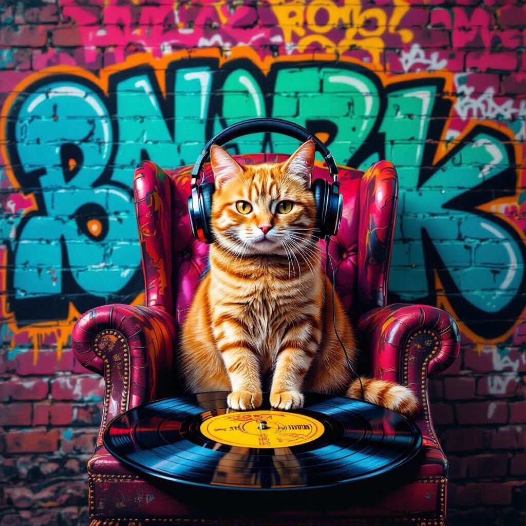 Neon Cat King on Vinyl Throne in Street Art Style