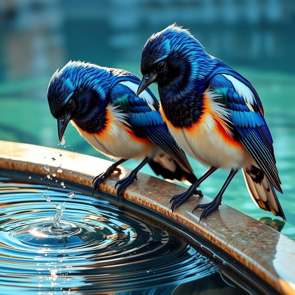 magpie's couple bathing in a water feature, the water drops ...