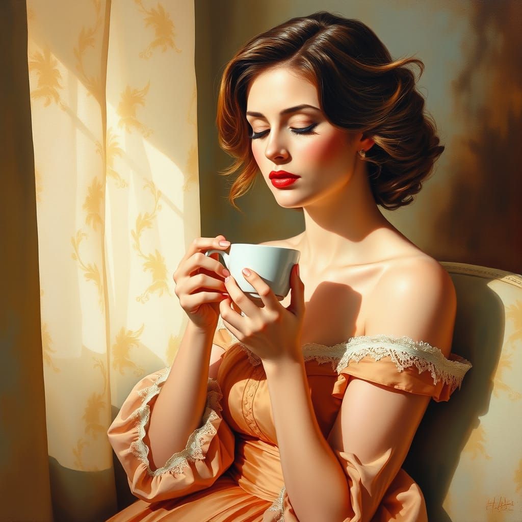 Elegant Woman Sipping Coffee, Gouache Impasto Style