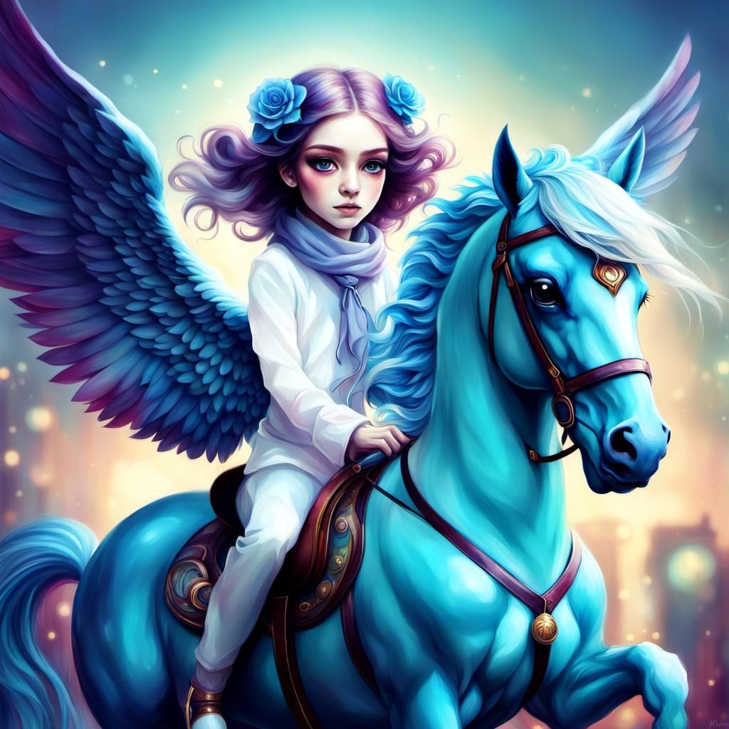 Girl Rides Pegasus in Vibrant Digital Art Style