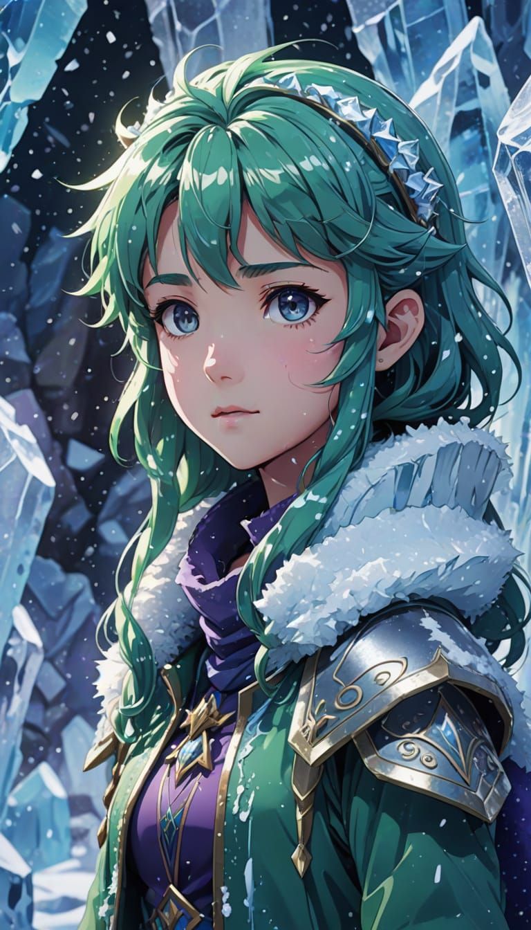 Anime Child Rydia in Front of Ice Wall