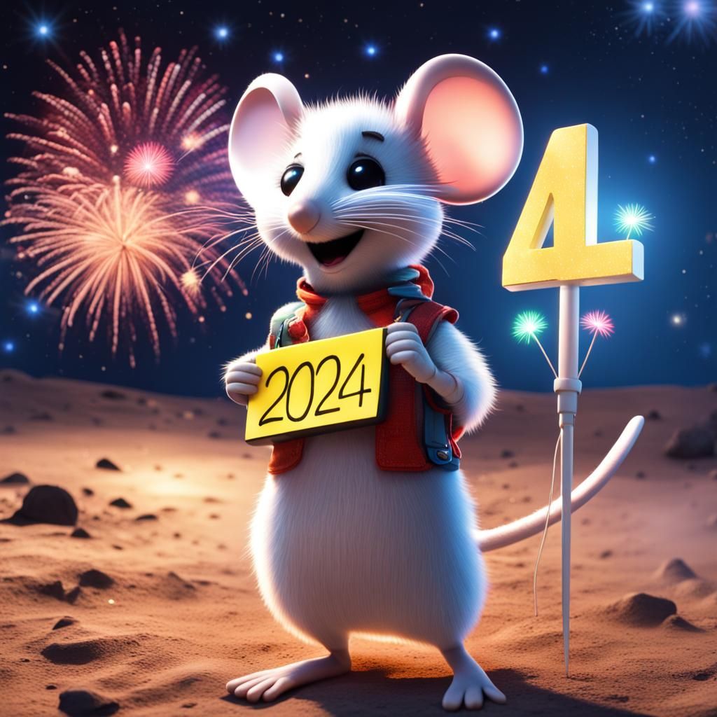 Fluffy Mouse Humanoid Celebrates 2024 on the Moon