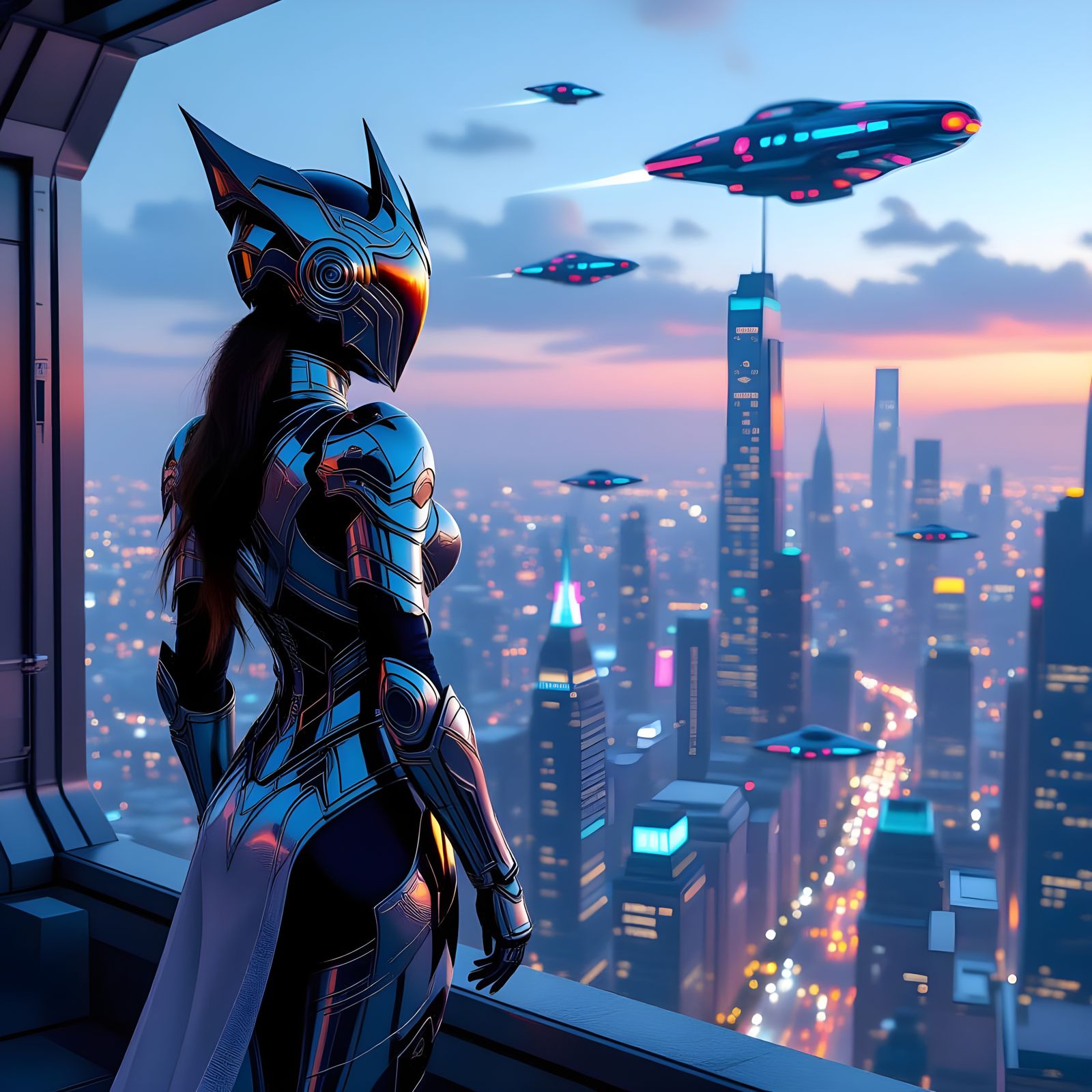 Cyberpunk Queen Overlooks Neon Cityscape