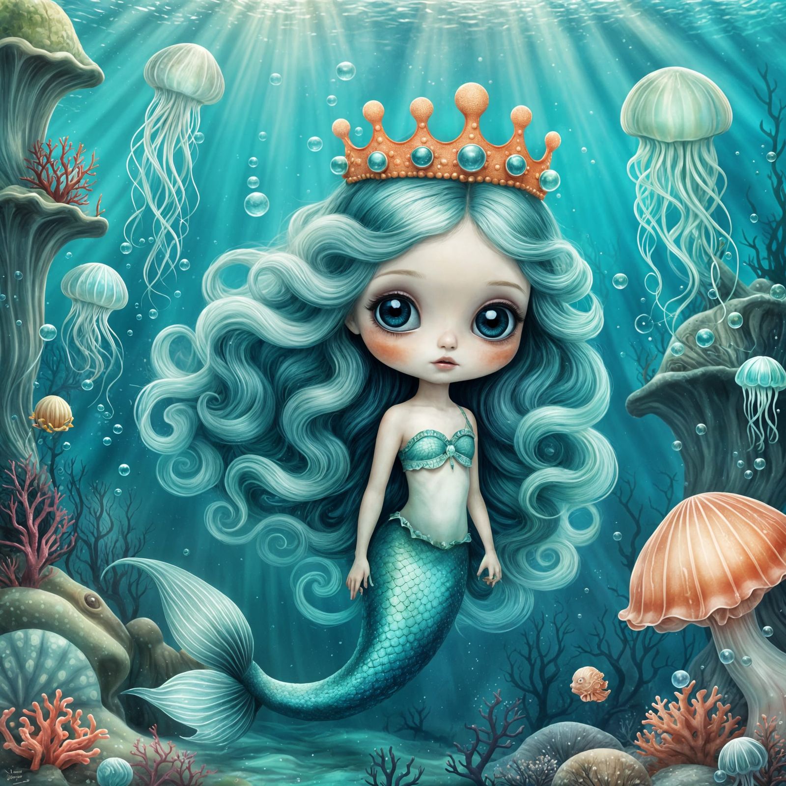 Teal-Haired Mermaid in Coral Reef, Ceccoli Style