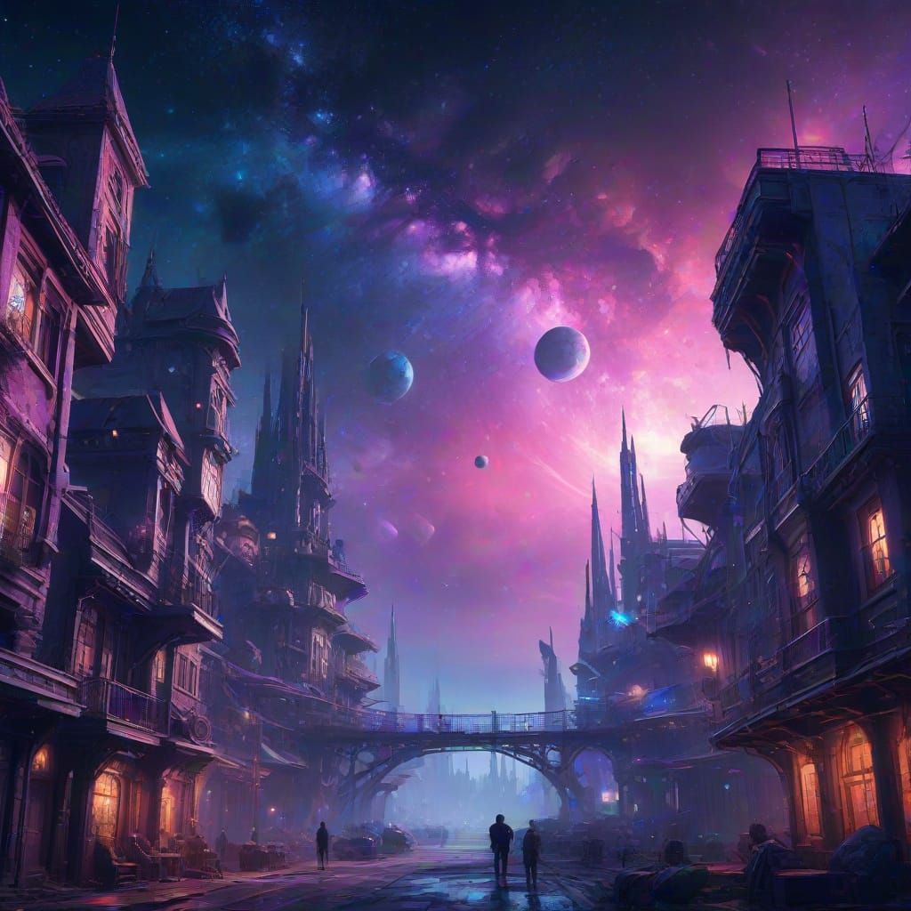 Fantasy Cityscape with Glowing Nebulae in Space Art