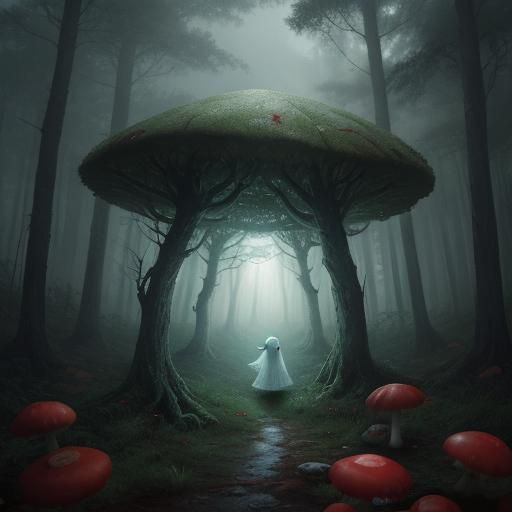 Cute Ghost in Forest with Red Mushrooms