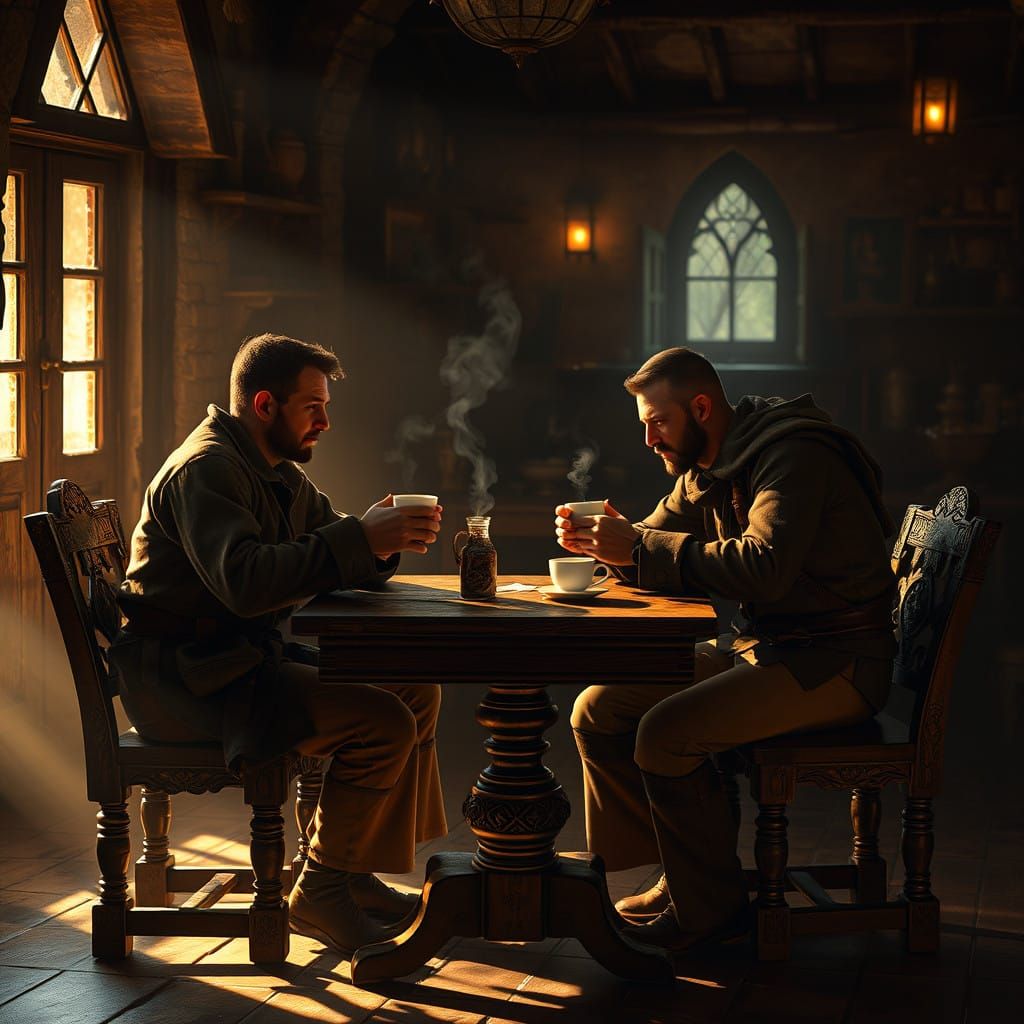 Mystical Cafe Scene in Renaissance-Inspired Hyper-Realism