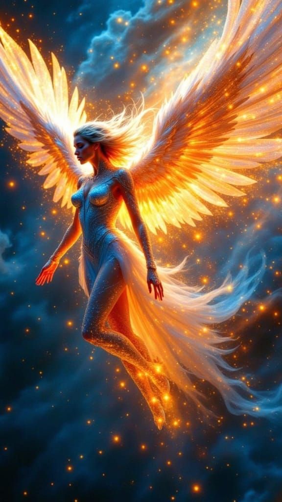 Divine Angel Descends from Nebula in Cosmic Art Style
