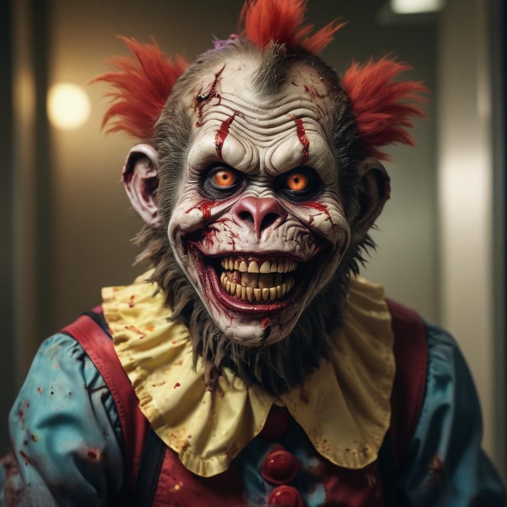 Dystopian Clown Attendant in Hyper-Realistic Digital Art