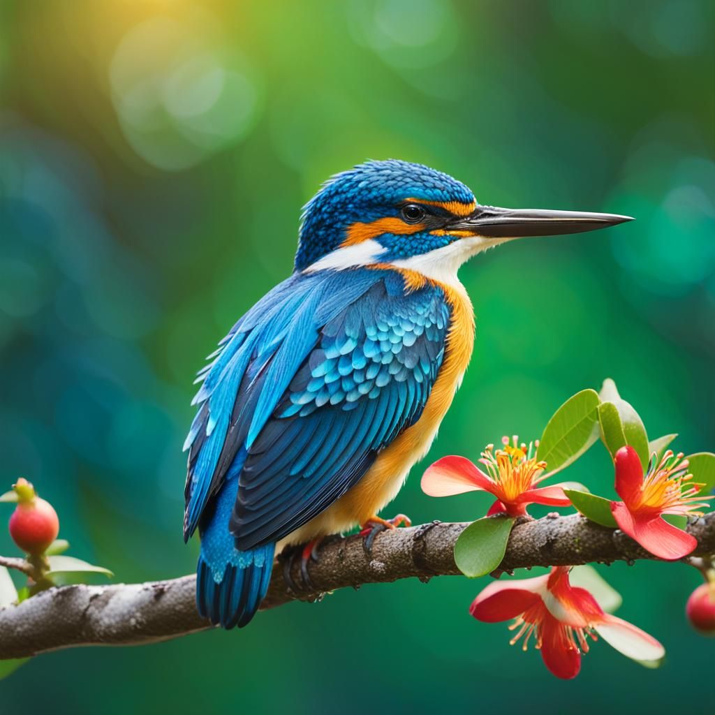 Mangrove Kingfisher and Apple Flower in Warm Sunlight