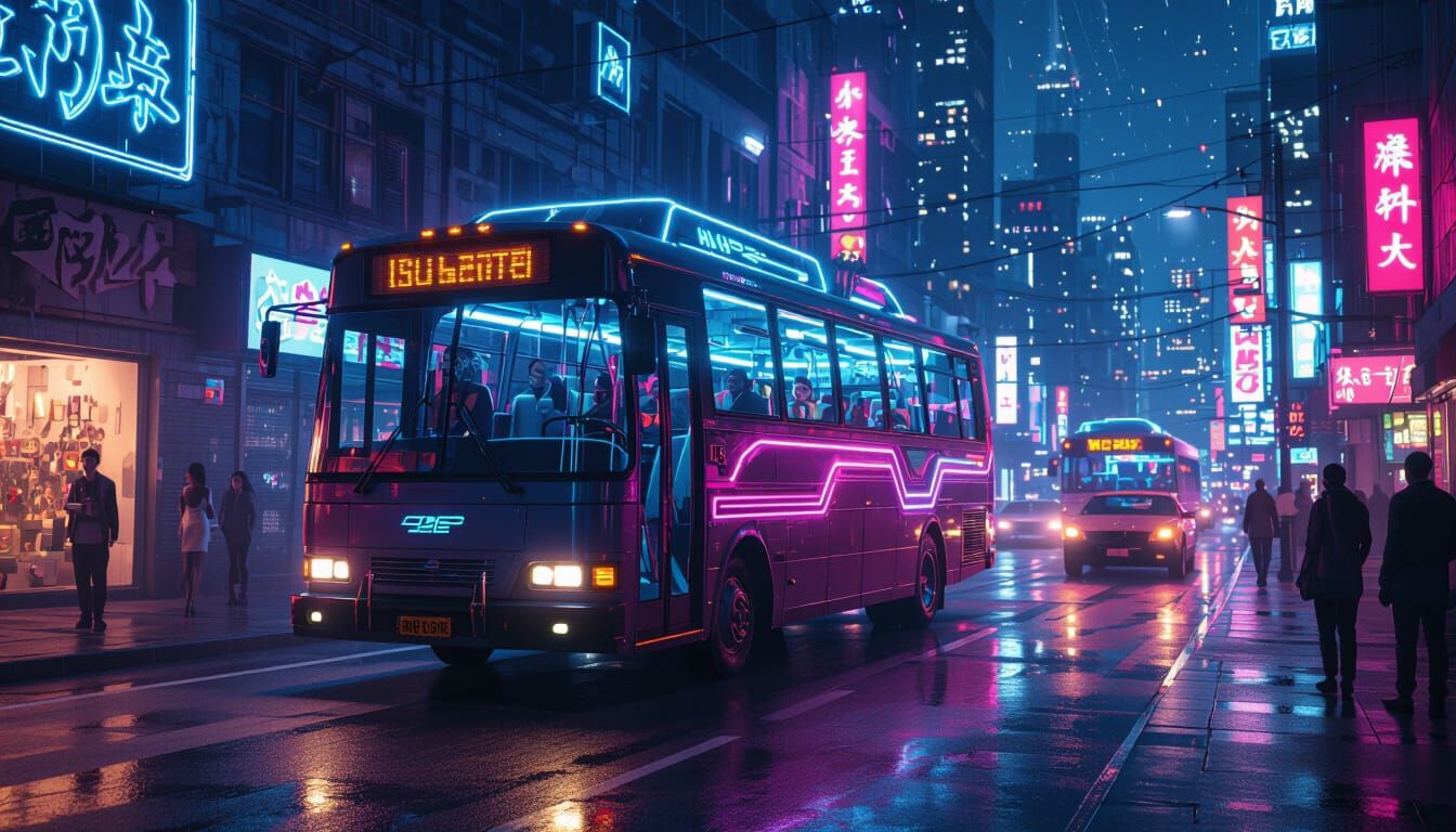 Cyberpunk Neon Party Bus at Midnight in Fantasy Style