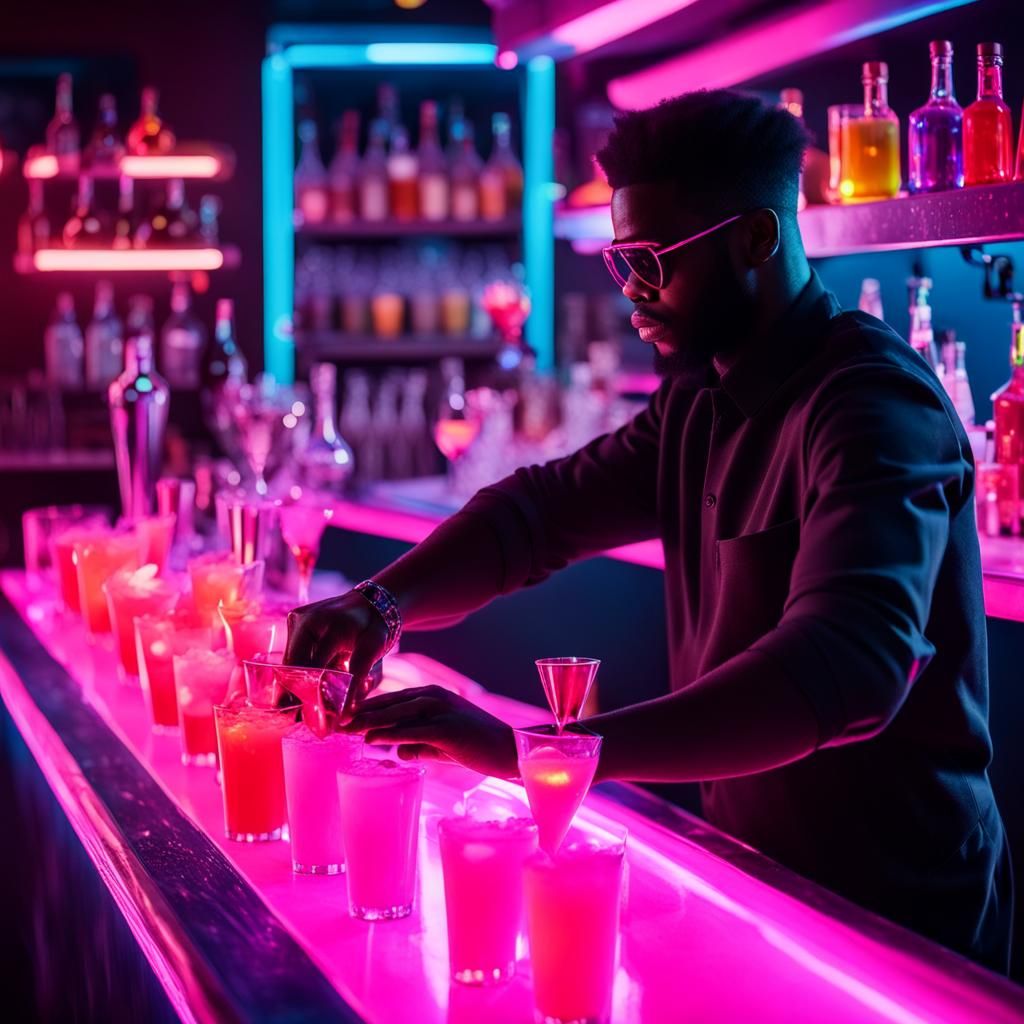 Neon Bartender Mixing Galactic Drinks
