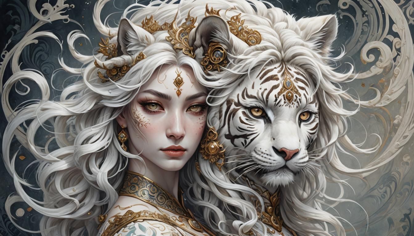 Fantasy White Tiger Girl Portrait, Detailed Oil Painting