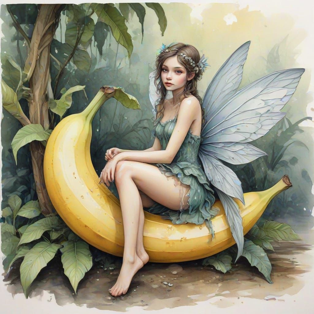 Whimsical Fairy Sits on a Banana in Muted Watercolor