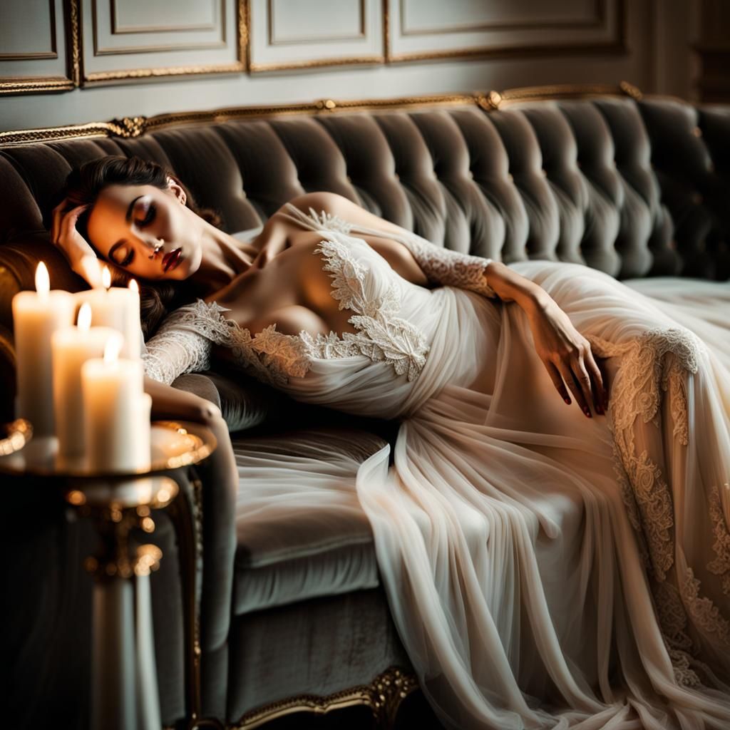 Elegant Woman on Velvet Couch in Golden Light